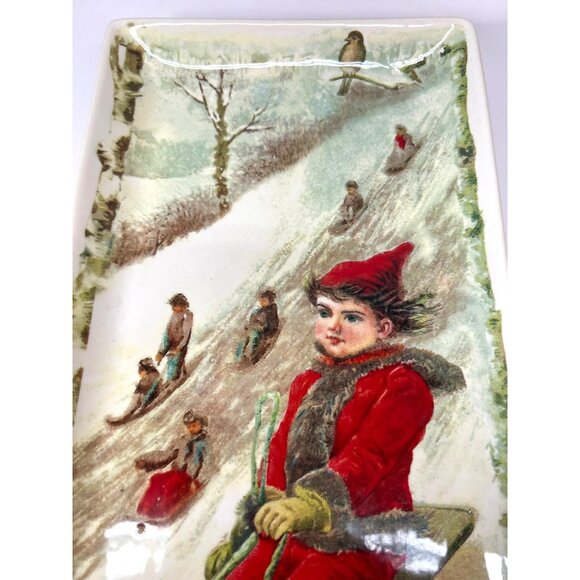 Vintage Magenta Exclusive Rectangular Winter Sledding Scene Tray Christmas - Picture 3 of 6